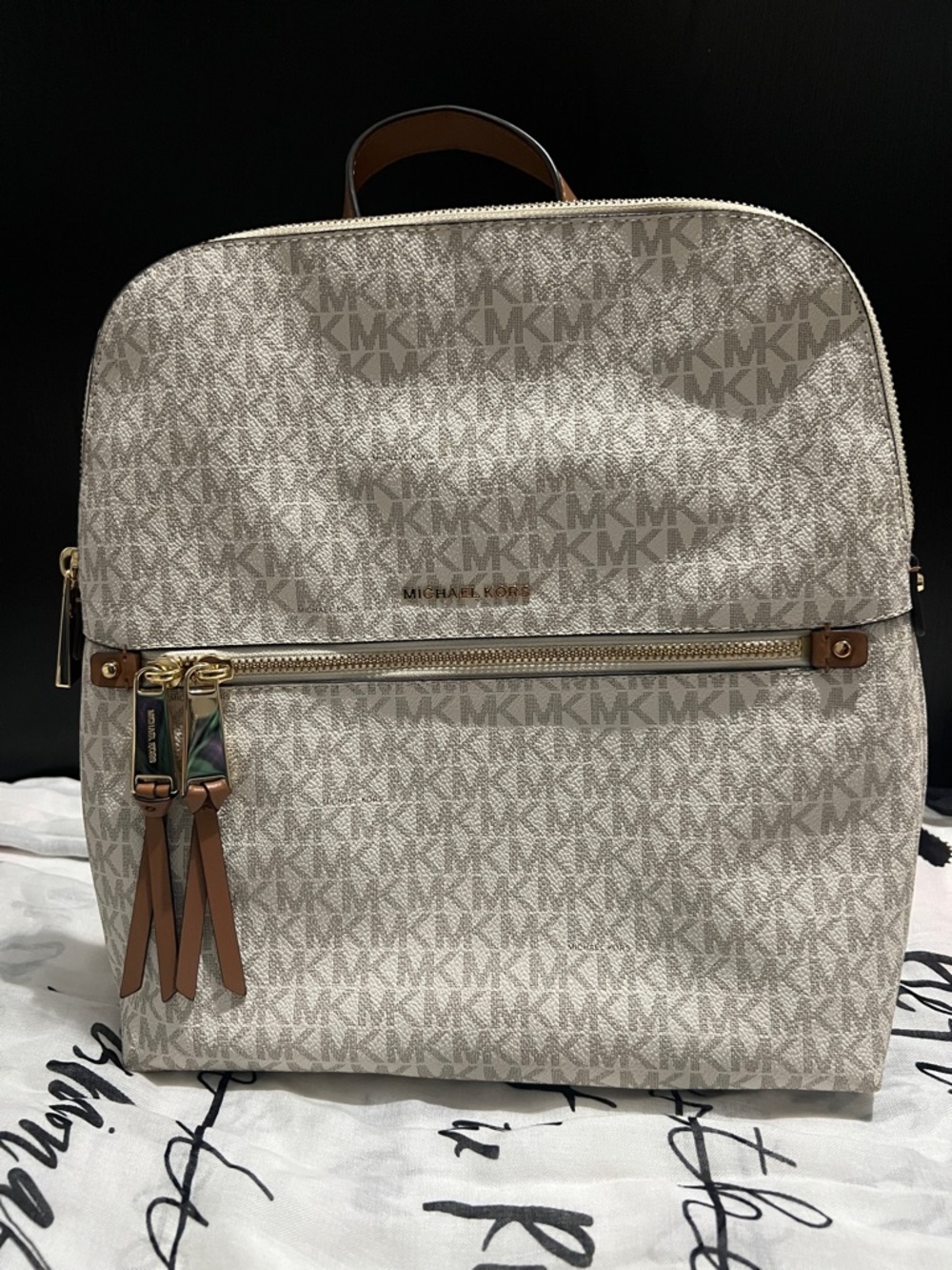 Michael Kors Cream MK Logo Backpack with Tan Trim